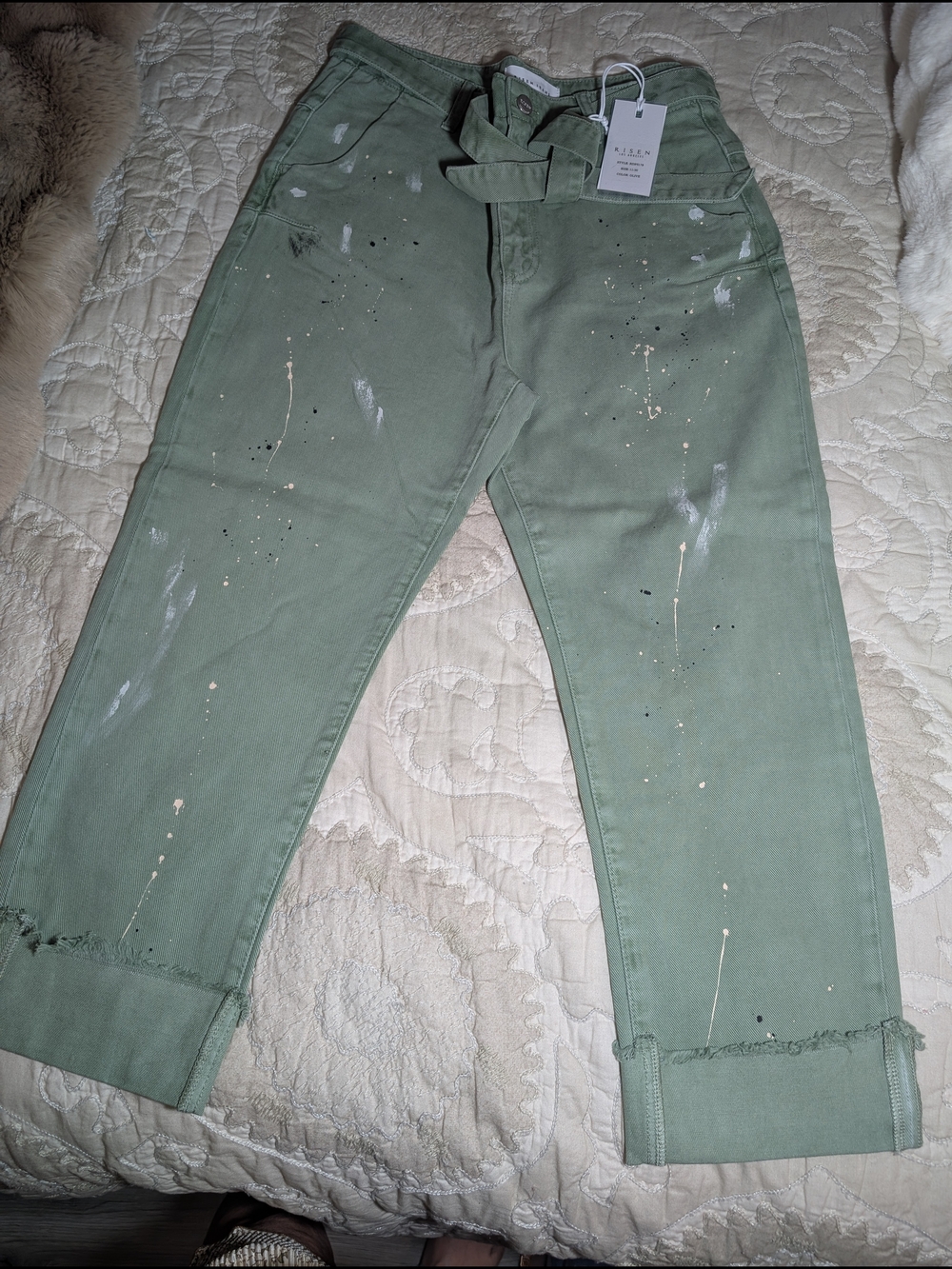 Risen Olive Paint-Splatter Boyfriend Jeans — Women